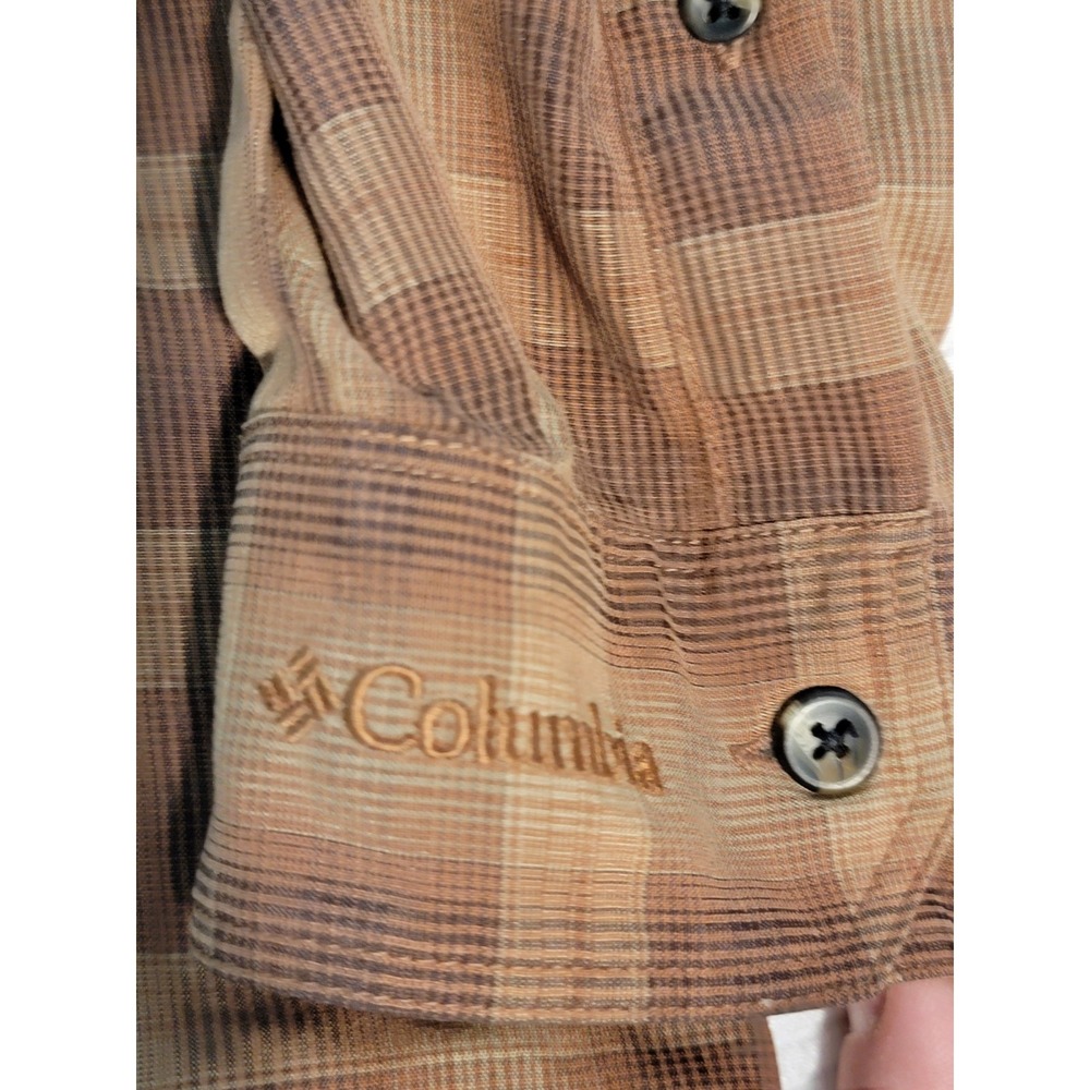 Columbia Men's Large Tan & Light Brwn Plaid Button-Down Long Sleeve Shirt w/ Zip - Picture 4 of 5